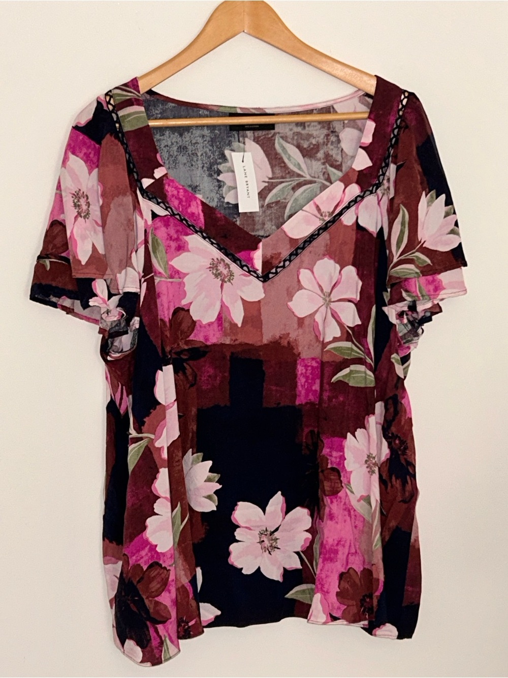Lane Bryant NWT Floral V-Neck Short Sleeve Top - Pink & Brown 22/24